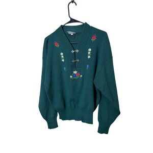 Meister Embroidered V Neck Sweater Green Floral Folk Art Metal Clasps Women's L